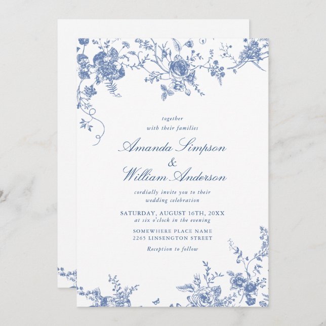 Invitación Boda de código QR del jardín francés azul victoria (Anverso / Reverso)