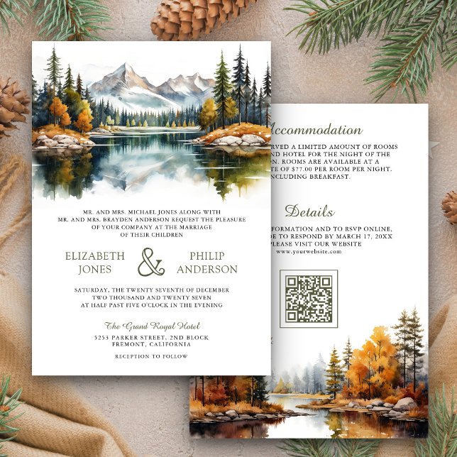 Invitación Boda de código QR del Lago Bosque de Montaña otoño (Subido por el creador)