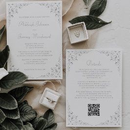 Invitación Boda de código QR del marco botánico de guión plat