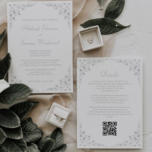 Invitación Boda de código QR del marco botánico de guión plat