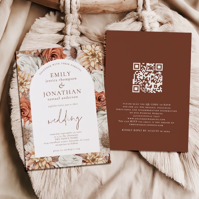 Invitación Boda de código QR del marco del arco de Terracotta (Frotn and back view)