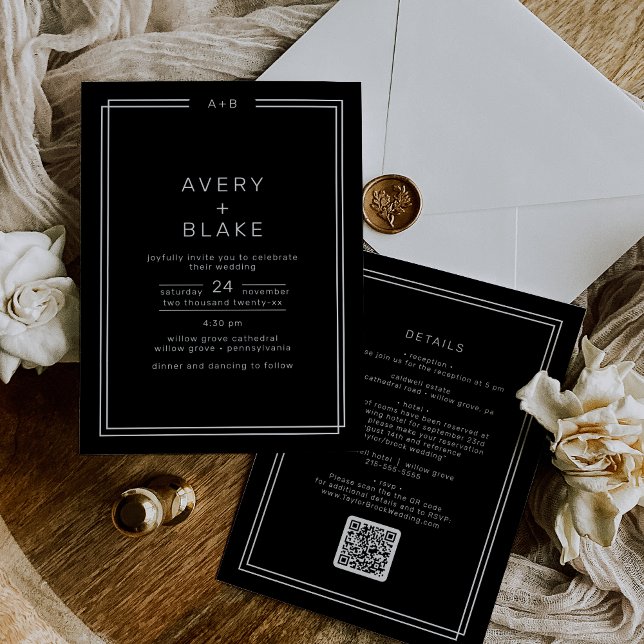 Invitación BODA de código QR del marco doble negro de AVERY m (AVERY Modern Black Double Frame QR Code Wedding Invitation)