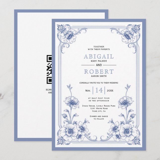 Invitación Boda de código QR del marco floral azul elegante (Anverso / Reverso)