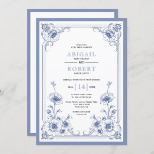Invitación Boda de código QR del marco floral azul elegante