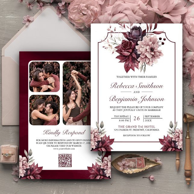 Invitación Boda de código QR del marco floral de Borgoña rosa (Subido por el creador)