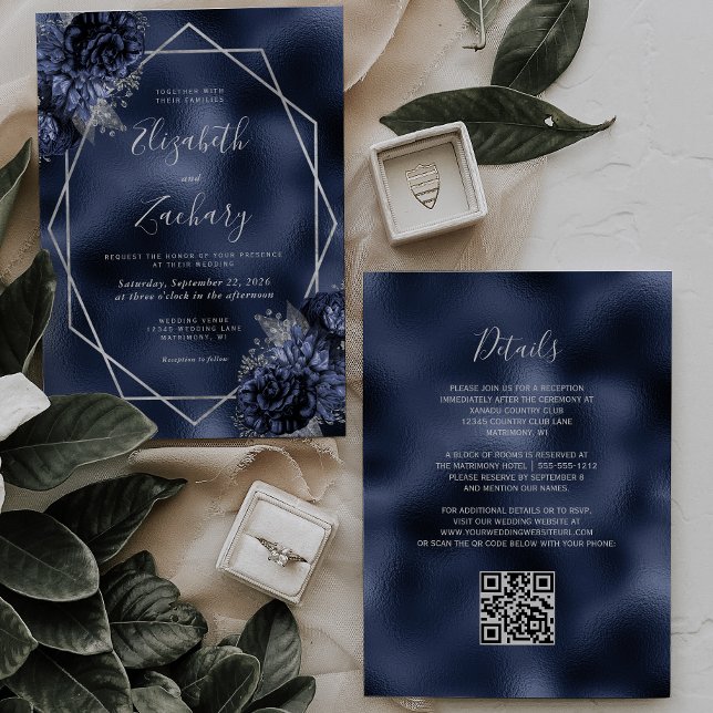 Invitación Boda de código QR del marco plateado floral azul m (Subido por el creador)