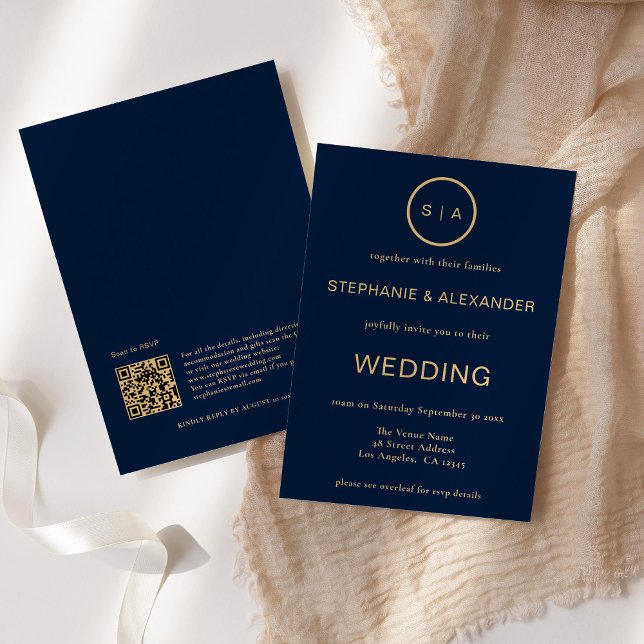 Invitación Boda de código QR del monograma azul de la Marina  (Subido por el creador)