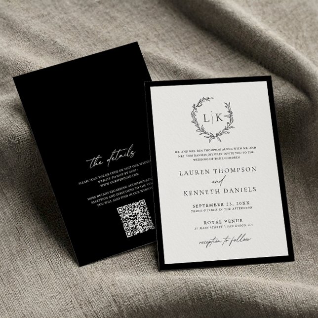 Invitación Boda de código QR del monograma blanco negro clási (Subido por el creador)
