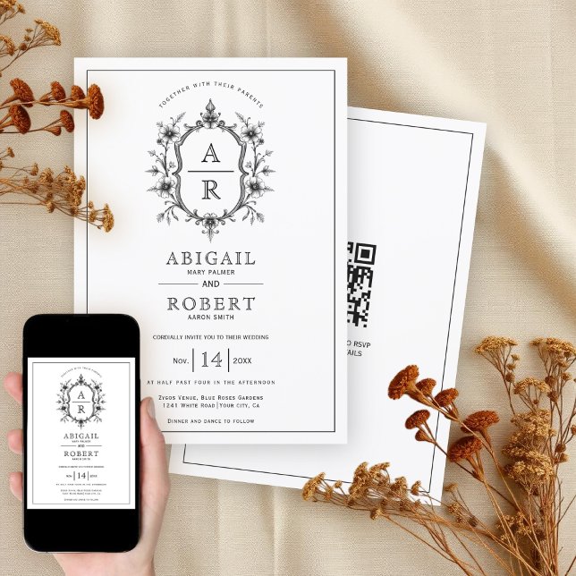 Invitación Boda de código QR del monograma del escudo de cose (Subido por el creador)