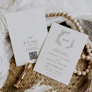 Invitación Boda de código QR del monograma verde oliva mínimo