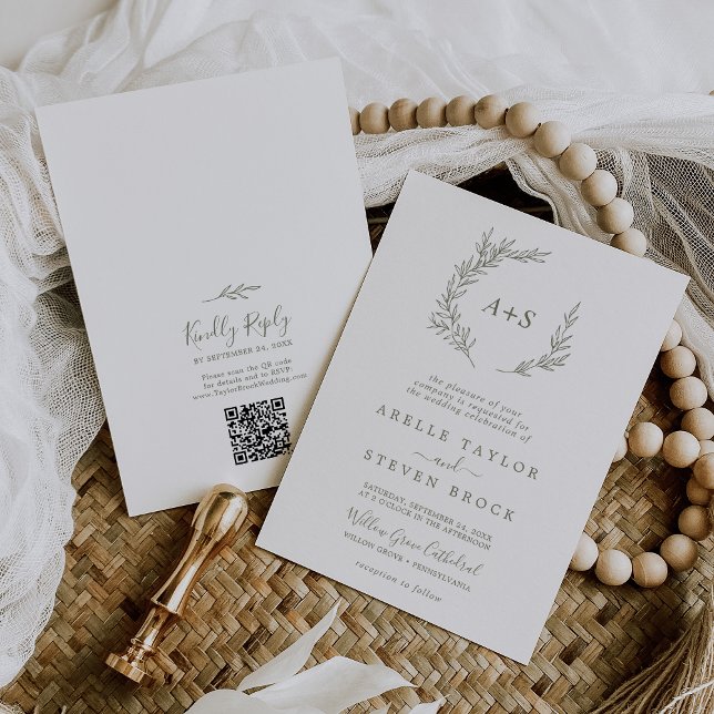 Invitación Boda de código QR del monograma verde oliva mínimo (Subido por el creador)