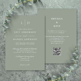 Invitación Boda de código QR del monograma verde verde sabio 