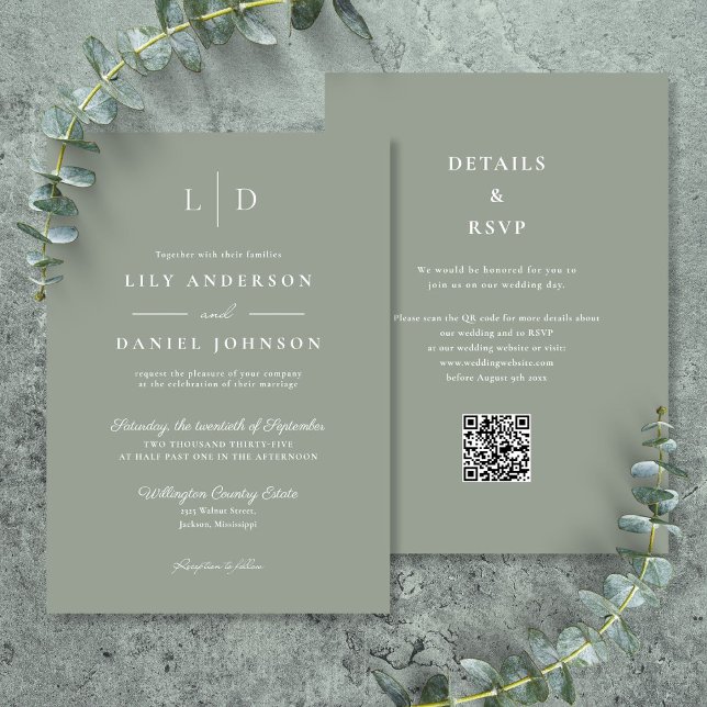 Invitación Boda de código QR del monograma verde verde sabio  (Sage Green Minimalist Monogram QR Code Wedding Invitation)