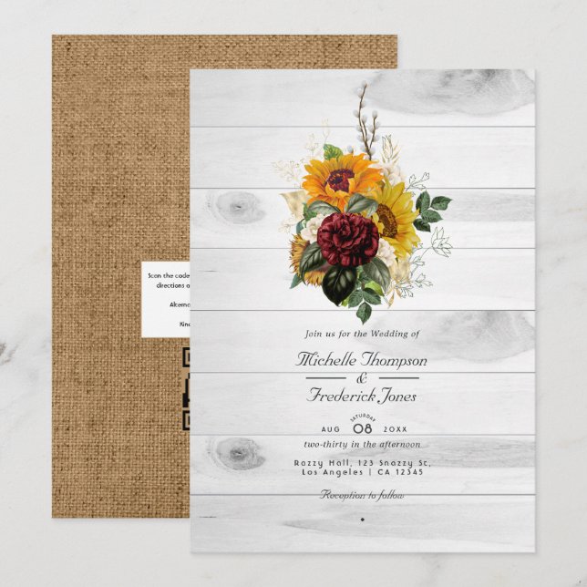 Invitación Boda de código QR del país floral de otoño rústico (Anverso / Reverso)