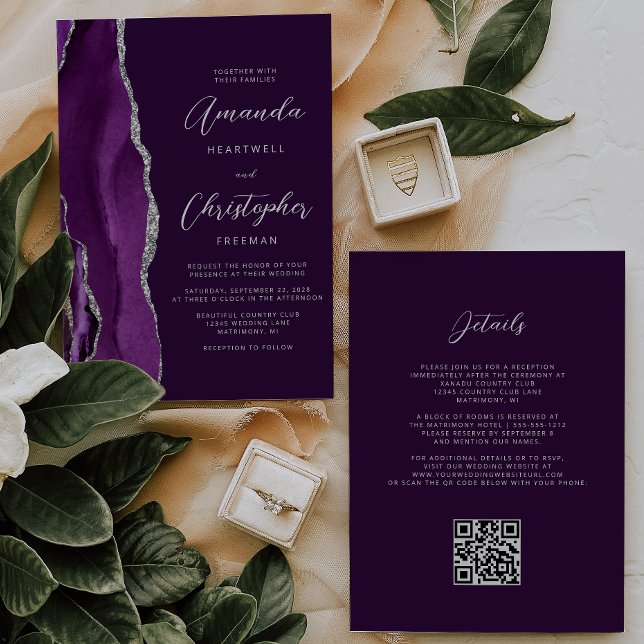 Invitación Boda de código QR del Plum del Agate de Plata Púrp (Subido por el creador)