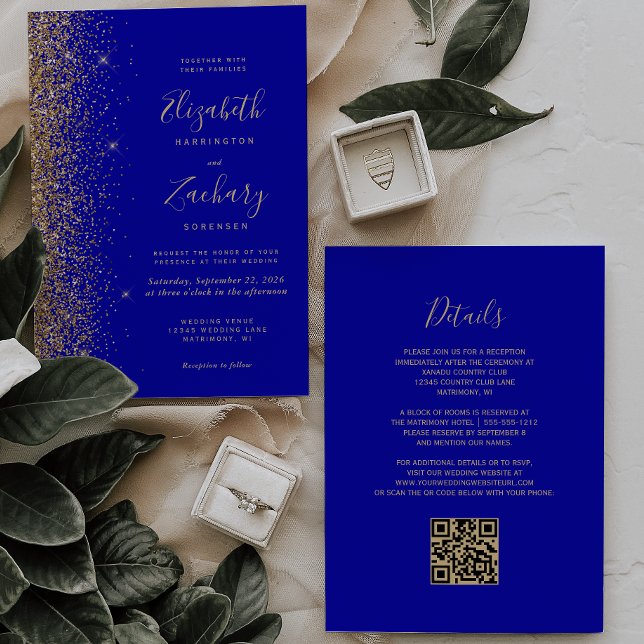 Invitación Boda de código QR del Purpurina real de oro azul m (Subido por el creador)