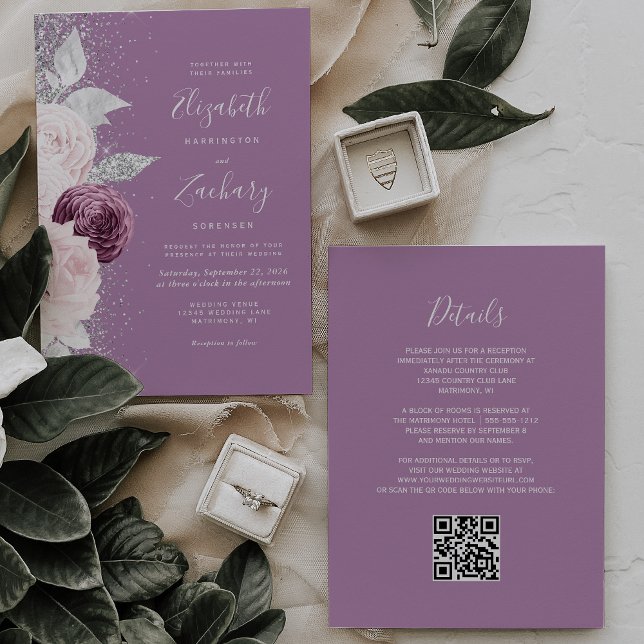 Invitación Boda de código QR del Purpurina Rubor Silver Mauve (Subido por el creador)