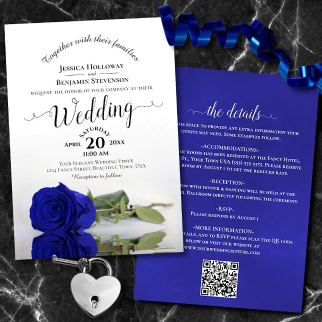 Invitación Boda de código QR del Rosa azul real de caligrafía (Front/Back)