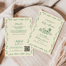 Invitación Boda de código QR dibujado con una mano verde
