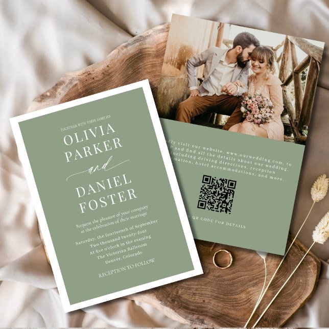 Invitación Boda de código QR elegante clásico Sage Green Phot (Subido por el creador)