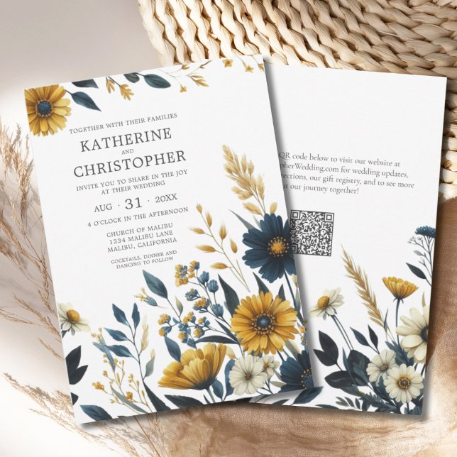 Invitación Boda de código QR elegante de flor silvestre amari (Blue Yellow Wildflowers Elegant Wedding Invitation with QR Code for Wedding Website.)