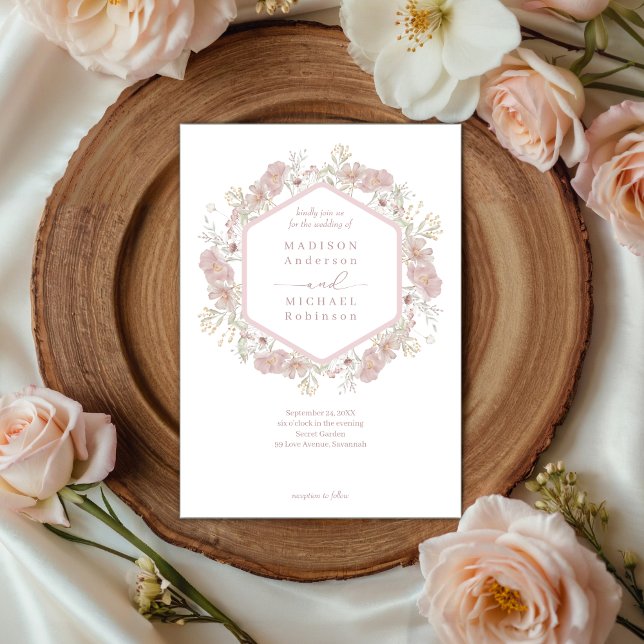 Invitación Boda de código QR elegante de flor silvestre rosa  (Subido por el creador)