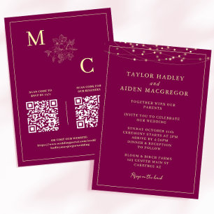 Invitación Boda de código QR elegante de vino rojo