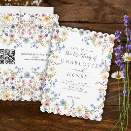 Invitación Boda de código QR en blanco de flor silvestre simp
