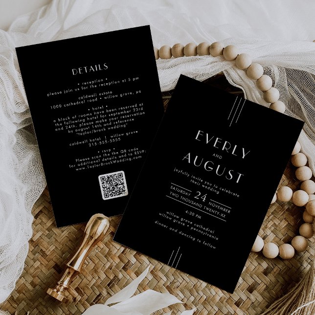 Invitación BODA de código QR en blanco negro de estilo Art De (EVERLY Modern Art Deco Black White QR Code Wedding Invitation)