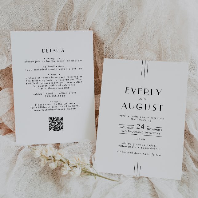 Invitación BODA de código QR en blanco simple de Art Deco (EVERLY Art Deco Simple White Black QR Code Wedding Invitation)
