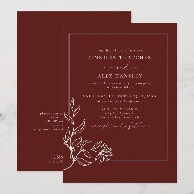 Invitación Boda de código QR en hojas botánicas elegantes mod (Anverso / Reverso)
