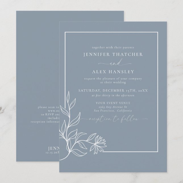 Invitación Boda de código QR en hojas botánicas elegantes mod (Anverso / Reverso)