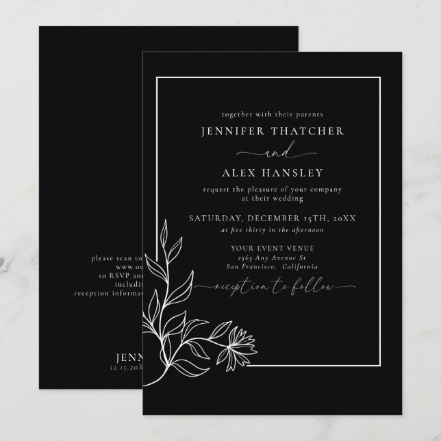 Invitación Boda de código QR en hojas botánicas elegantes mod (Anverso / Reverso)