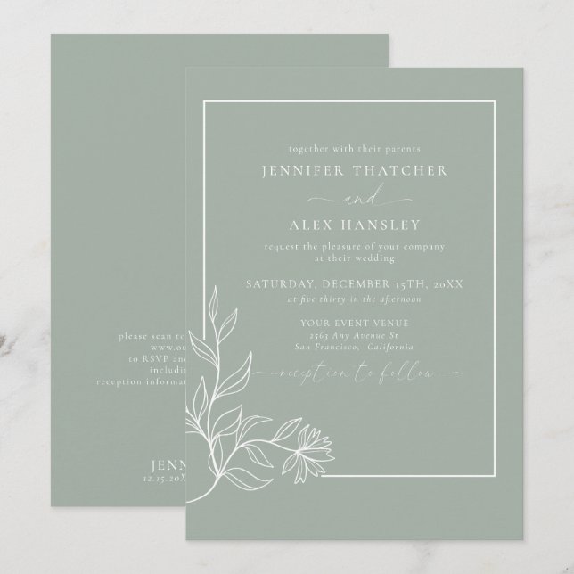 Invitación Boda de código QR en hojas botánicas elegantes mod (Anverso / Reverso)