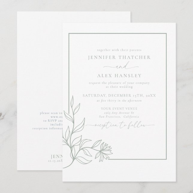 Invitación Boda de código QR en hojas botánicas elegantes mod (Anverso / Reverso)