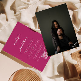 Invitación Boda de código QR en monograma rosa brillante con