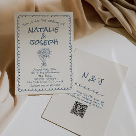 Invitación Boda de código QR escrito con mano azul de la Mari