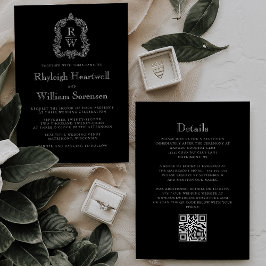 Invitación Boda de código QR Escudo de monograma blanco y neg