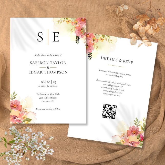 Invitación Boda de código QR floral acuarela Monograma (Watercolor Floral Monogram QR Code Wedding Invitation)