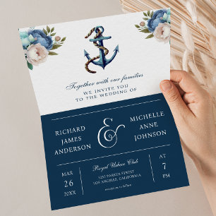 Invitación Boda de código QR floral ancla azul marino todo en