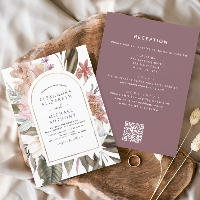 Invitación Boda de código QR floral de Boho en Borgoña (Subido por el creador)