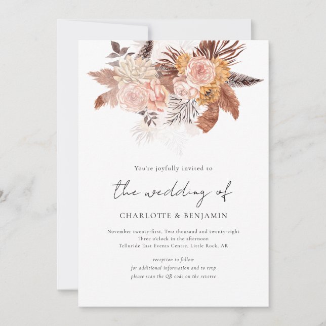 Invitación Boda de código QR floral de Boho rústico Terracott (Anverso)