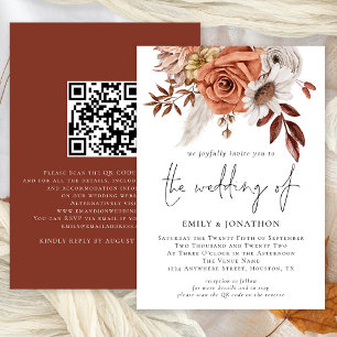 Invitación Boda de código QR floral de Boho rústico Terracott