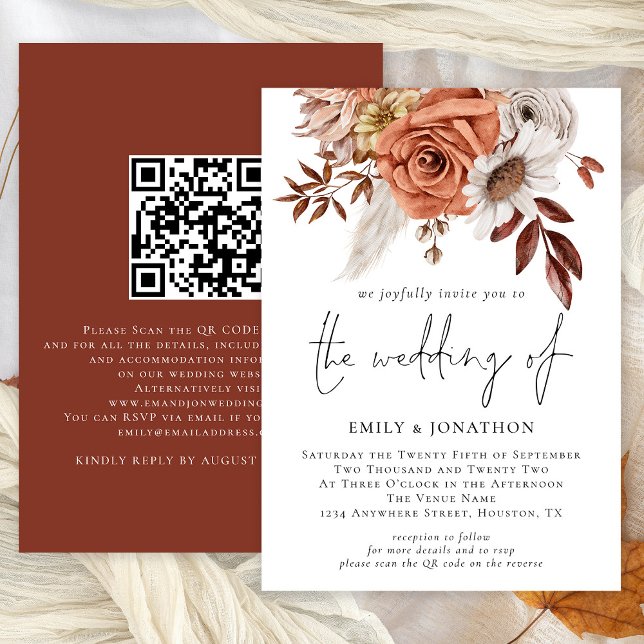 Invitación Boda de código QR floral de Boho rústico Terracott (Available digitally and printed)