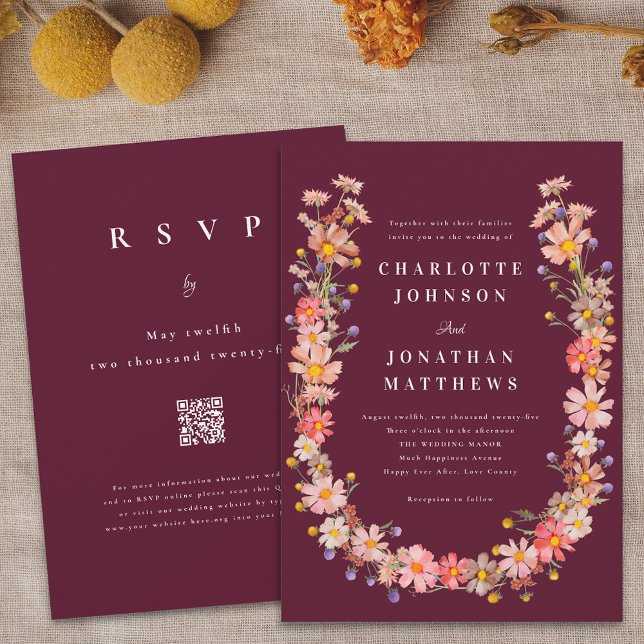 Invitación Boda de código QR floral de borgoña (Boho fall wildflower rustic floral wreath burgundy wedding qr code invitation Elegant watercolor)