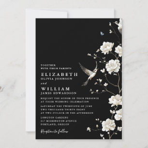 Invitación Boda De Código QR Floral De Chinoiserie En Blanco 