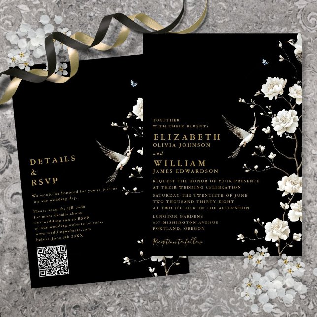Invitación Boda De Código QR Floral De Chinoiserie En Negro Y (Black And Gold Chinoiserie Floral QR Code Wedding Invitation)