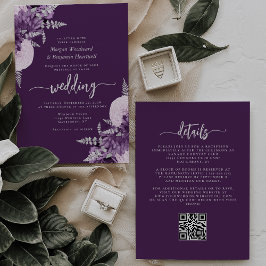 Invitación Boda de código QR floral de color púrpura Lilac Si