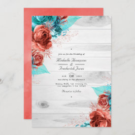 Invitación Boda de código QR floral de color turquesa y coral
