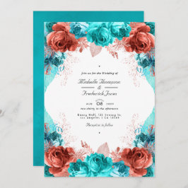 Invitación Boda de código QR floral de color turquesa y coral